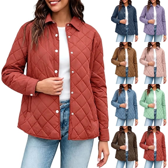 Mifsaly Womens Quilted Jacket Long Sleeve Collared Button Down Lightweight Puffer Coat Diamond Stitch Fall Winter Casual Loose Fit Outerwear with Pockets