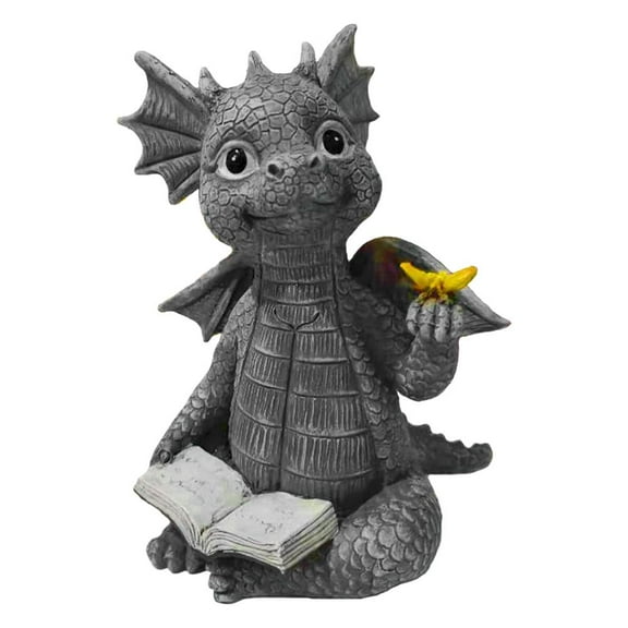 FitBest 1Pcs Cute Grey Garden Reading Dragon Statue Garden Decoration Courtyard Pool Decoration