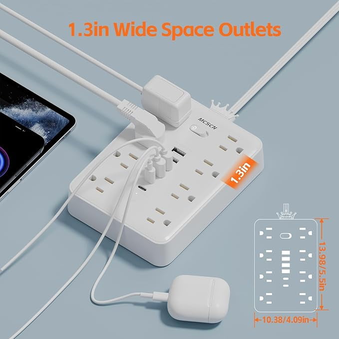 Ultra Thin Flat Plug Surge Overload Protector Power Strip Wall Outlet with 8 AC Power Outlets 6 USB (2 USB C) for Home Office Dorm Travel Essentials 15A 1875W UL Released 15FT)