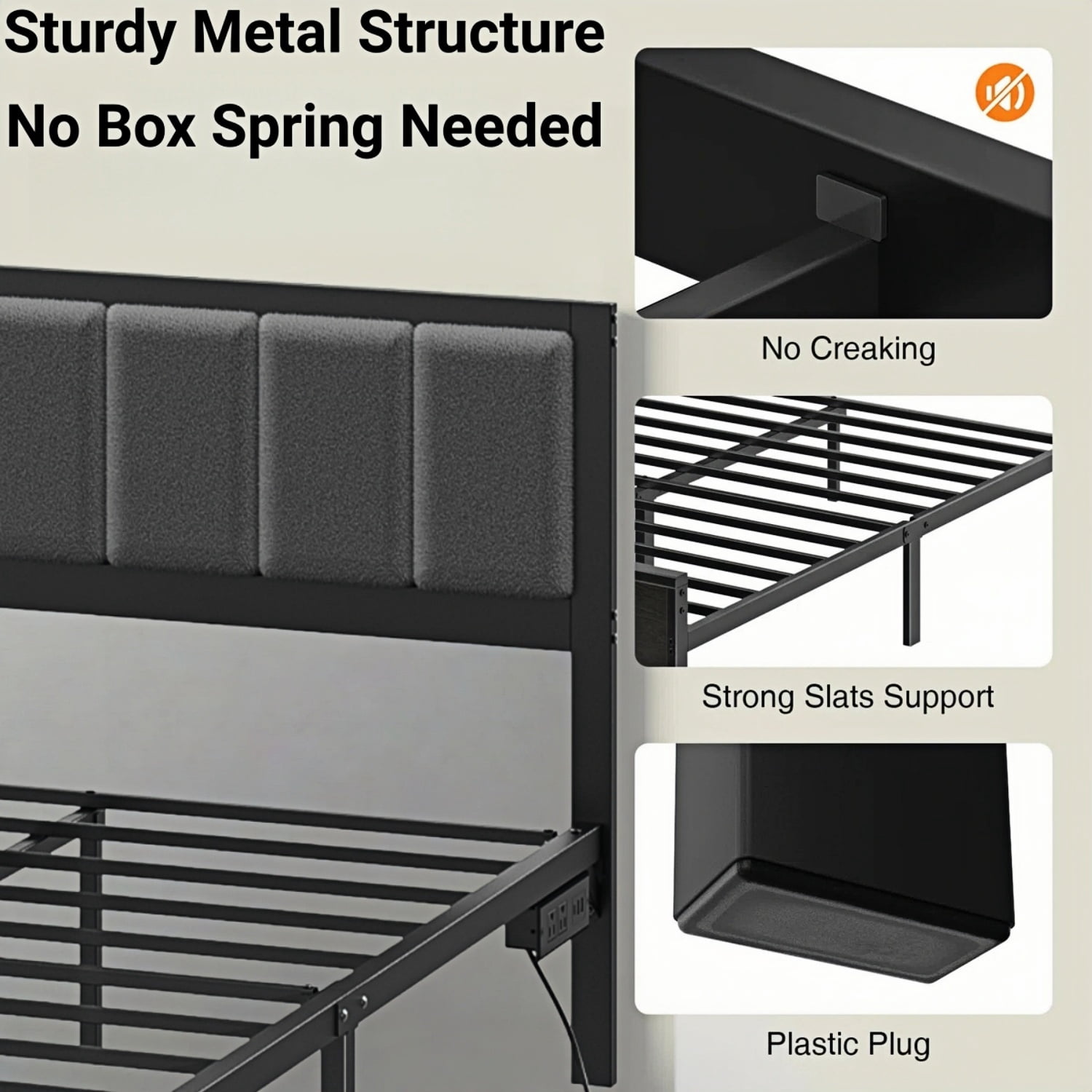 Kbun Queen Bed Frame with Headboard, Outlets and LED Lights, Heavy Duty Metal Platform with Storage Space Under Frame, No Box Spring Needed, Noise Free, Gray