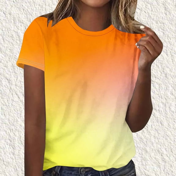 asdoklhq Summer Tops for Women 2026 Crewneck Women Gradient Color Crew Neck Casual Loose T-Shirt Orange XL