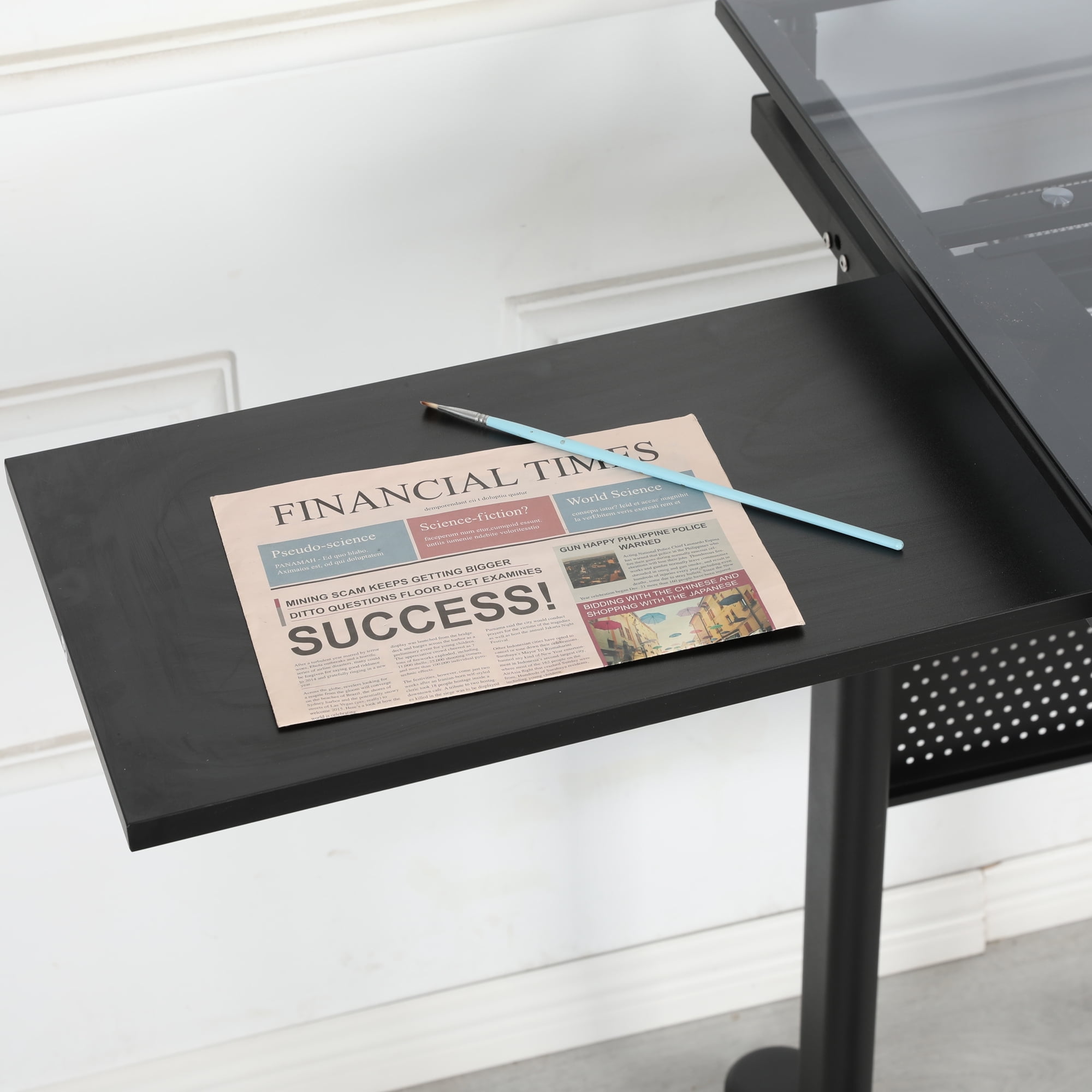 Hand Crank Adjustable Drafting Table Drawing Desk With 2 Metal Drawers, With Stool