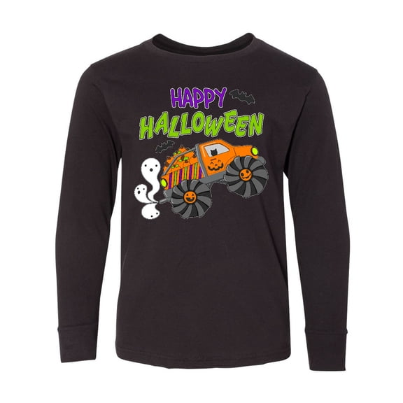 Inktastic Happy Halloween-monster Truck with Pumpkins, Bats, Cat,and Ghost Long Sleeve Youth T-Shirt