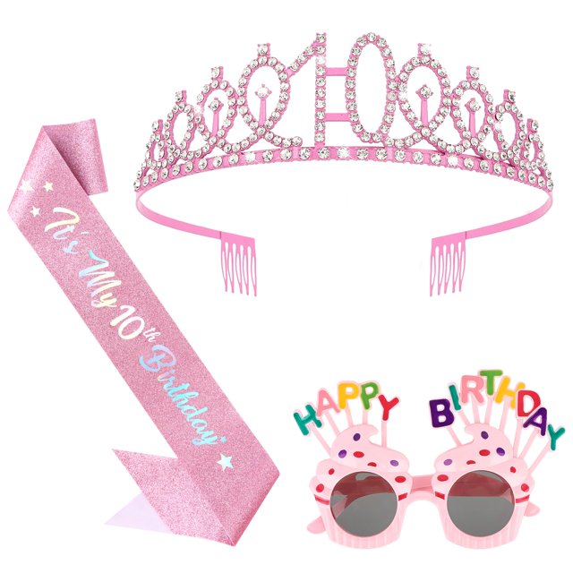 Decoraciones de Cumpleaños, Kit de Sash y Corona con Brillo con Gafas de Sol de Feliz Cumpleaños, Corona de Princesa Tiara y Accesorio de Atuendo para Fiesta de Sash