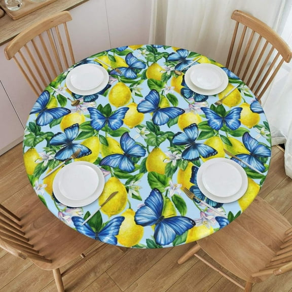 muroi Citrus Lemons Blue Butterfly Fitted Round Tablecloth Waterproof Table Cloth with Elastic Edge Wipe Clean Table Cover for Indoor Outdoor Fits 45"-50", Medium