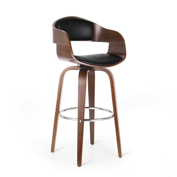Noble House Lovejoy Upholstered Swivel Barstool, Midnight Black and Walnut