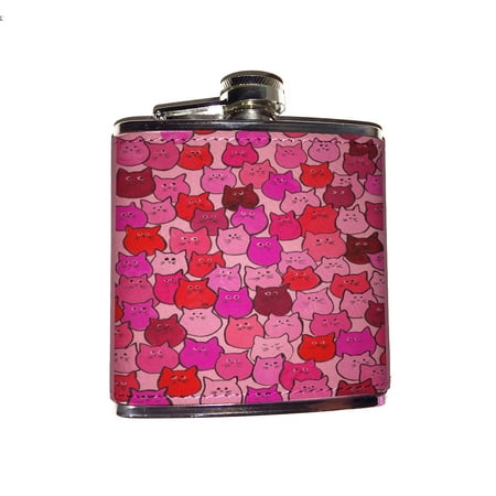 

KuzmarK Pink Leather Flask - Very Hot Pink and Orange Chubby Kitties Art by Denise Every