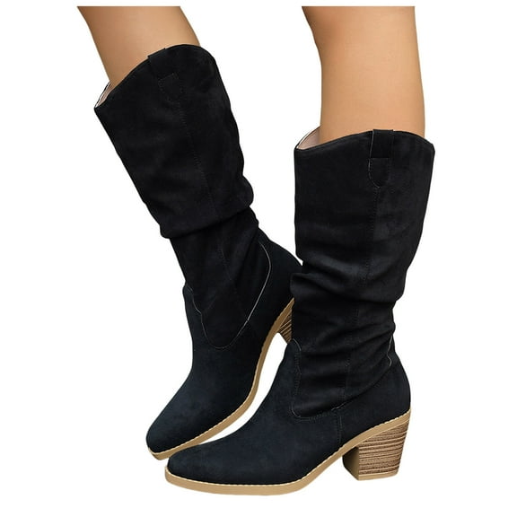 Slouchy Suede Mid Calf Cowboy Boots for Women Pull on Stacked Heel Pointed Toe Wide Calf Winter Long Booties