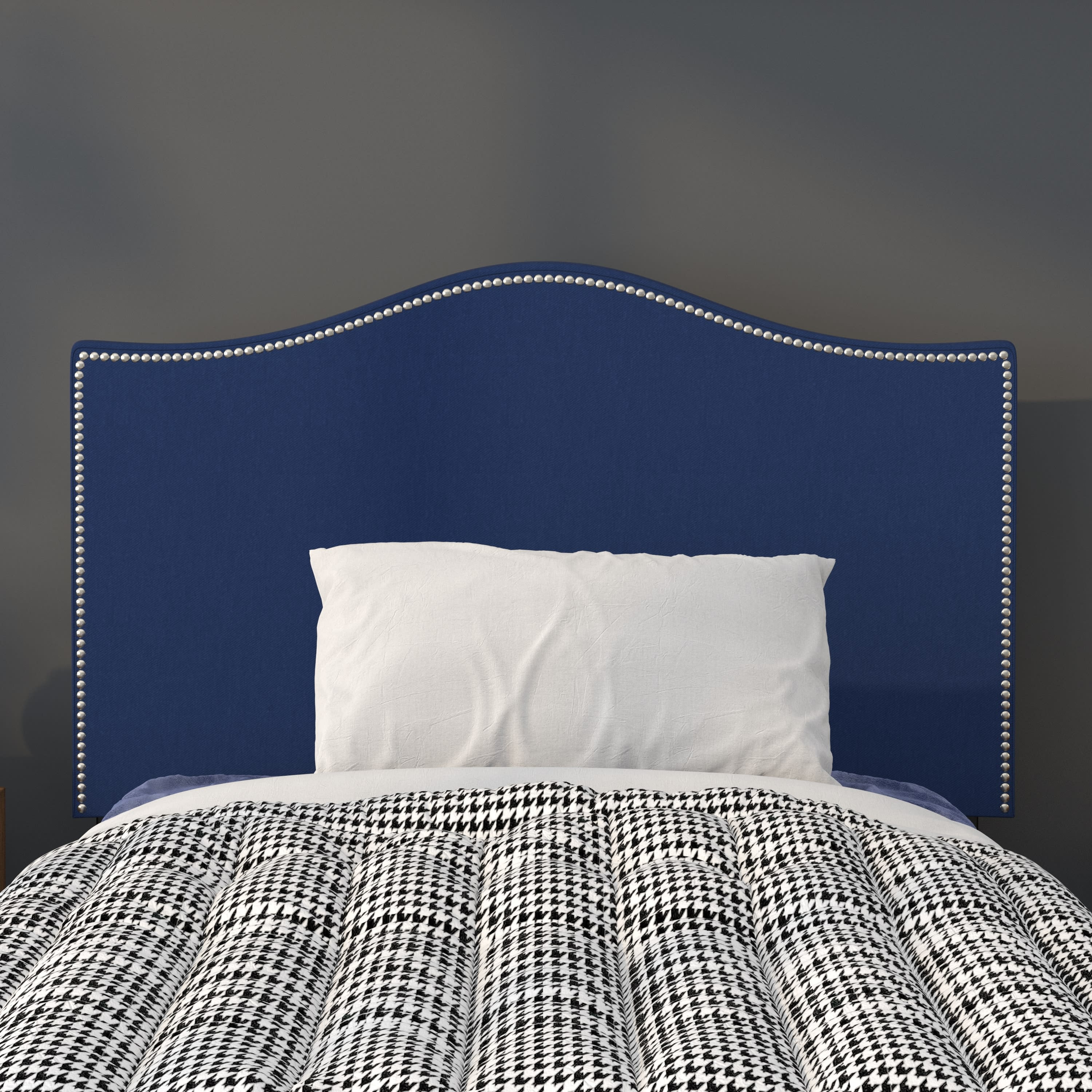 BizChair Upholstered Twin Size Arched Headboard with Accent Nail Trim in Navy Fabric