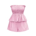 thumbnail image 5 of Dianli Fashion Women Ruffled Stripe Print Tube Top and Shorts Casual Two Piece Set, Trendy Sleeveless Pullover with Elastic Waist, Stylish Comfy Summer Lounge or Party Outfit Pink M, 5 of 7