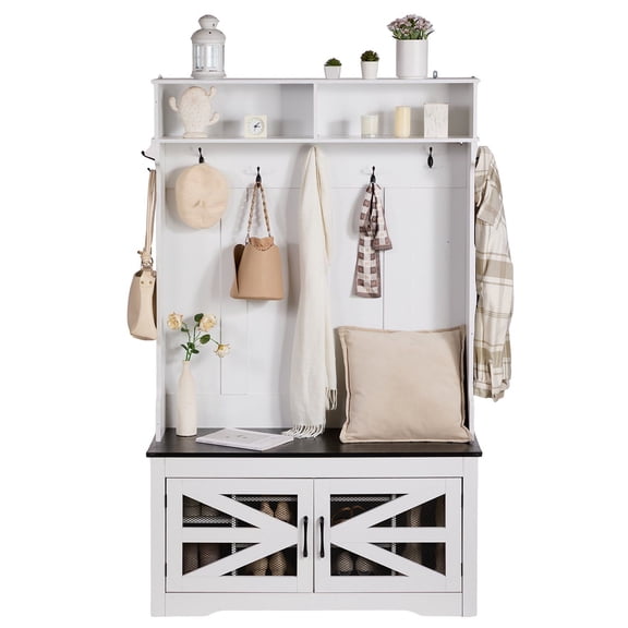 42" Wide Hall Tree Entryway Bench with LED Coat Rack & Shoe Storage | Modern Mudroom Bench with Adjustable Shelves, 7 Hooks, and Storage Seat for Entryway, Hallway, and Foyer Organization