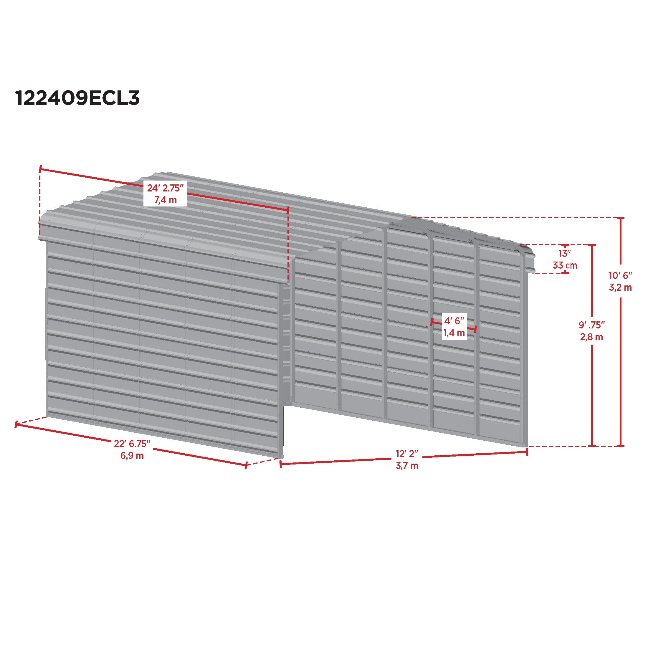 Arrow 12 x 24 x 9 ft Charcoal Steel Carport With 3 Wall Kit