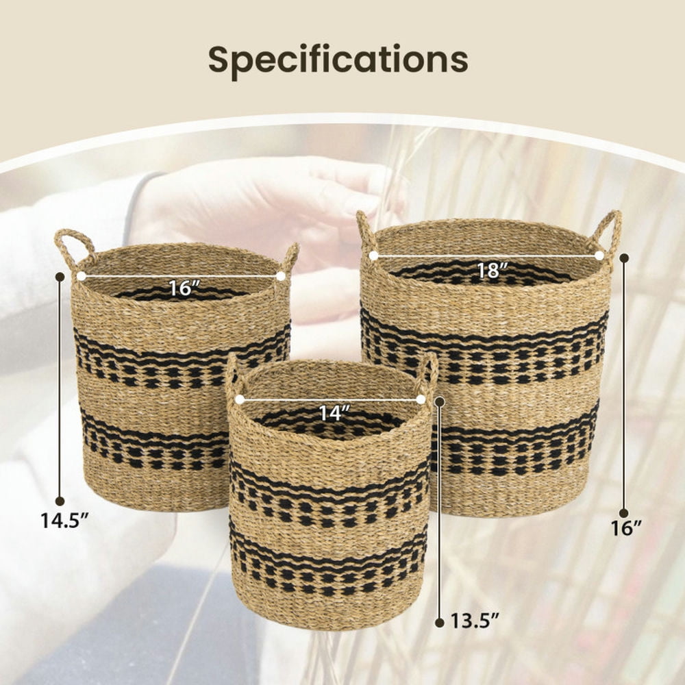 Finihen Laundry Hamper, Laundry Basket, Seagrass Basket Set of 3 Stackable Storage Bins with Handles Woven Round Basket-M, for Bathroom, Laundry Room, Natural