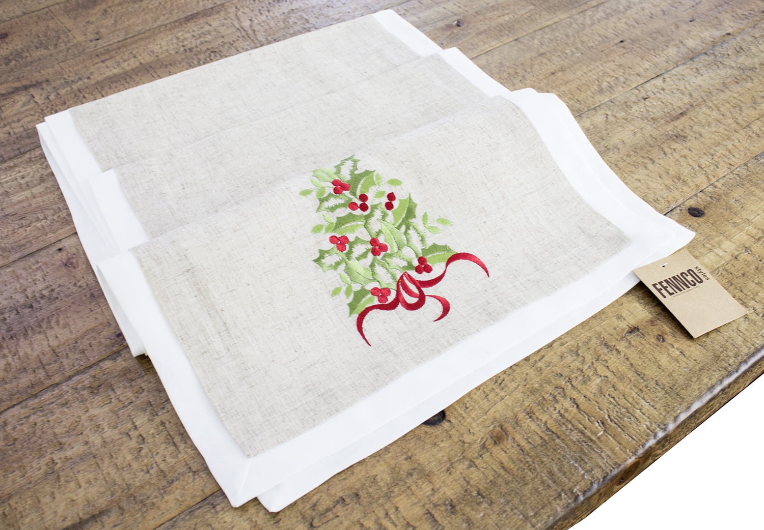 Embroidered Holly Christmas Tree Double-Layer Holiday Decorative Table Runner (Natural+White Runner 16"x78")