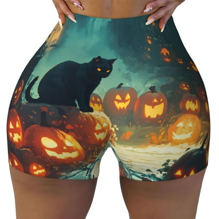 Workout Shorts Women  Halloween Black Cat Pumpkin Street Biker Shorts for Women Running Gym Spandex Shorts Tummy Control