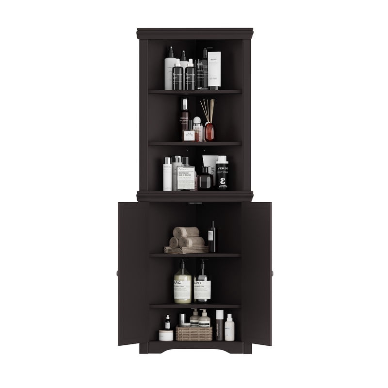 Lacoo 62'' Tall Corner Cabinet with 3 Shelves and 2 Doors, Corner Storage Cabinet Shelving Storage with Adjustable Shelves for Kitchen Living Room Bathroom, Brown