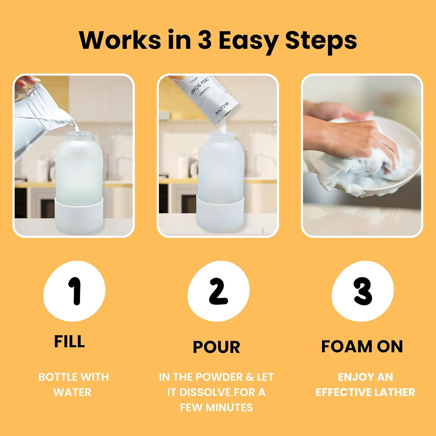 Foaming Dish Soap Refill Eco Friendly (5pk), Concentrated Powder Refills Make 5 Bottles x 12oz each of Non Toxic Dishwashing Soap or Dish Soap Spray, Plastic Free, Septic Safe