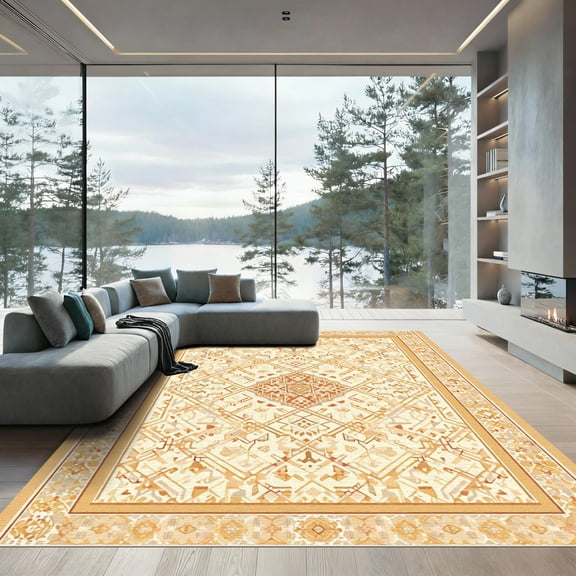 ODIKA 4'x6' Machine Washable Non-Slip Area Rug, Oriental Beige High Traffic Rug, Beige, 1085645