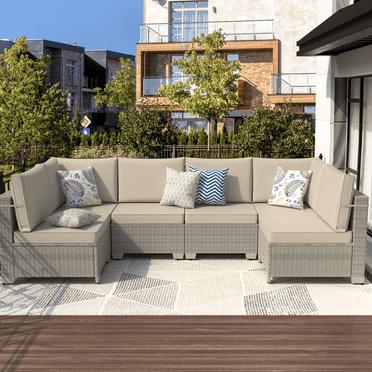 Patio Furniture Set 6 Pieces Modular Outdoor Sectional Wicker Conversation Sets Patio Couch All Weather Sectional Seating Sofas with Cushion and Glass Table for Backyard, Garden