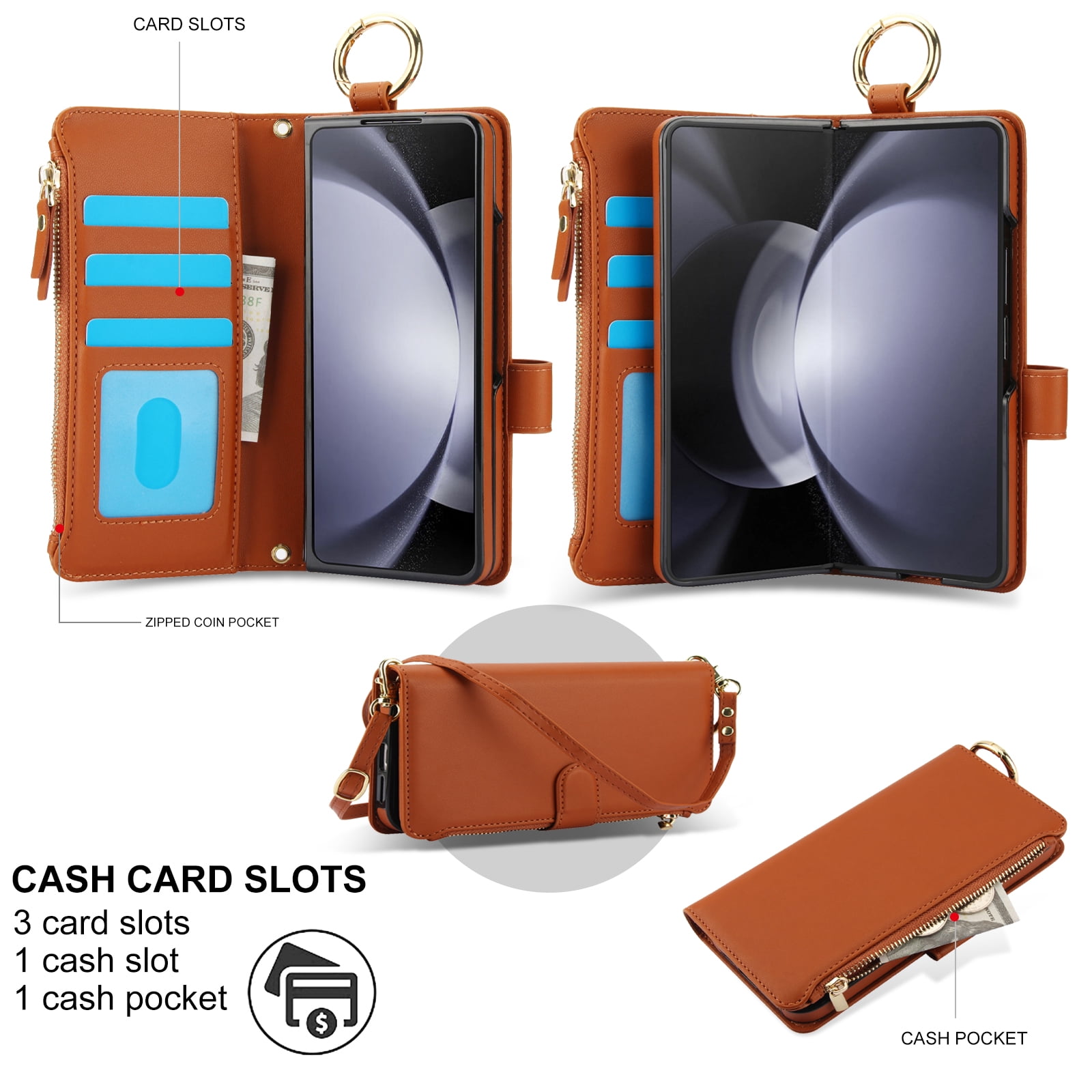 ChicShell Wallet Flip Case for Samsung Galaxy Z Fold 7, RFID Blocking Cards Slots Zipper Pocket Hand Strap Shockproof Stand Phone Case Cover with Crossbody Lanyard for Women Girls, Brown