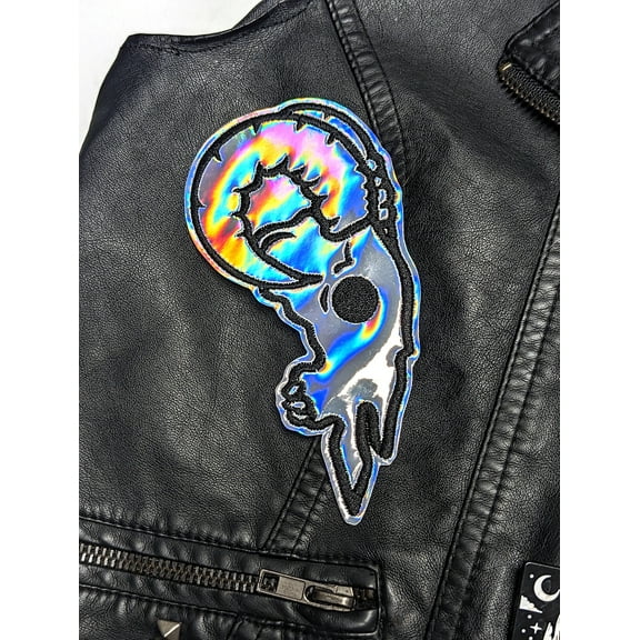 Holographic Silver Ram Skull Embroidered Iron-On Patch