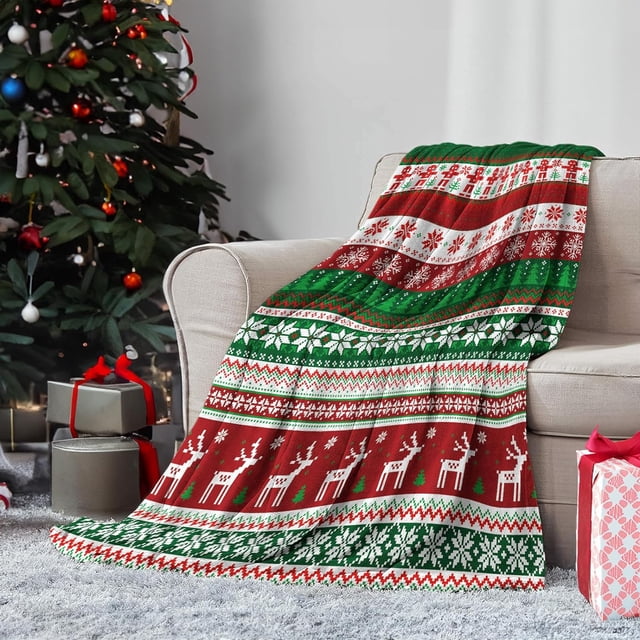 Couverture de Noël, Couvertures et Jetés de Noël Boho, Couverture Jetée de Noël Rouge et Verte pour Femmes avec Imprimé de Renne, Décoration de Noël en Molleton Douce, Moelleuse et Confortable pour Canapé et Déco Maison-50x60 Pouces