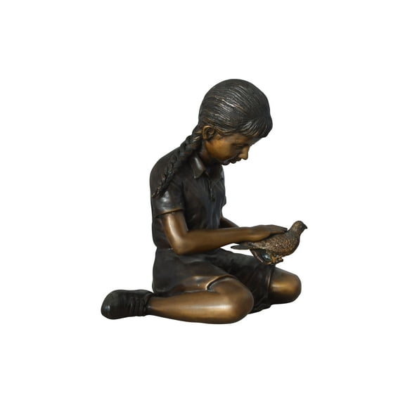 Young seated girl with bird bronze statue - Size: 12"L x 9"W x 14"H.