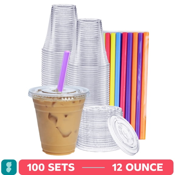 GUSTO 12 oz Clear Plastic Cups with Flat Lids & Straws for Coffee, Slushie, Milkshakes, 100-Pack