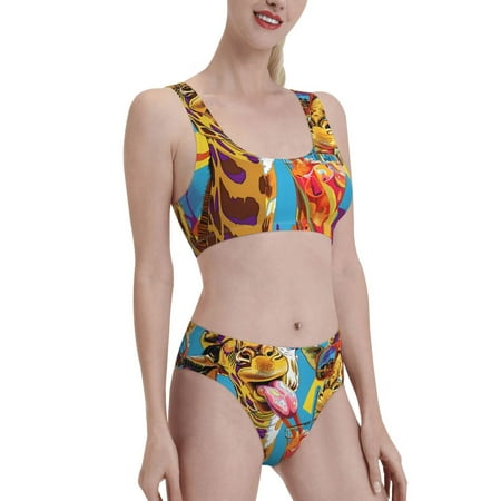 Uemuo Colorful Giraffes with Drinks Printed Women s High Waisted Bikini Sets Sporty Two Piece Swimsuits Color Block Cheeky High Cut Bathing Suits-X-Large