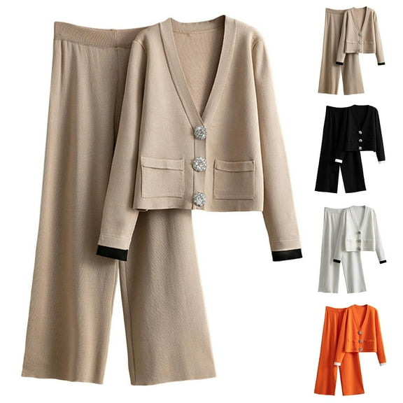 YOIAVAIOY Womens 2 Piece Outfits Button Down V Neck Cardigan Sweater and Wide Leg Pants Lounge Sets Dressy Casual Knit Set Casual Business Matching Set White Free Size