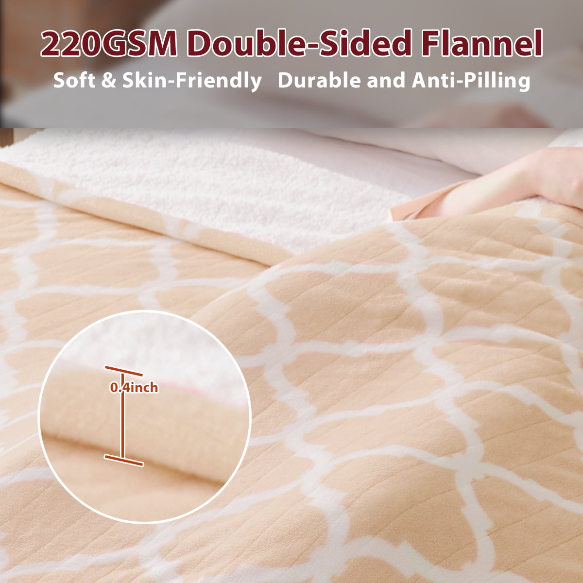 Heated Blanket Electric Throw 50X60, Heating Throw with 10 Levels 8 Hours Auto Off, Beige Soft Cozy Flannel Blanket Winter Warmer, Heated Protection ETL Certification Keep Warming in Home