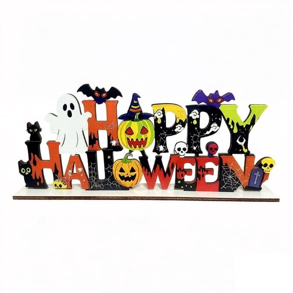Halloween Decorations-Happy Halloween Sign Wooden for Home Letter Tabletop Decorations with Ghost Bat Skull Pumpkin Cutout Word Table Centerpiece for Home Tiered Tray Centerpiece Mantel Shelf