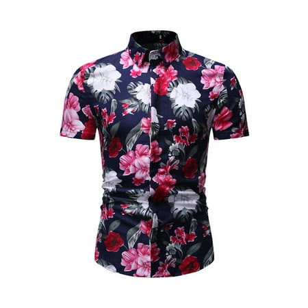 Mens Button Shirts Casual Devoko Mens Short Sleeve Shirt Casual Floral Printed Button Down Party Holiday Beach Tropical Aloha Hawaiian Slim Fit Polo Tops Blouse ()