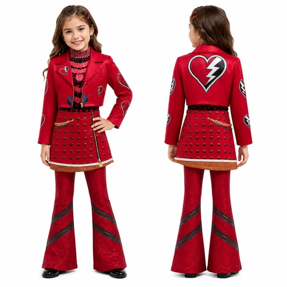 Red Princess Halloween Costume, Daughter of Queen of Hearts Red Costume Jacket Skirt T-Shirt Pants Set for Kids Girls for Cosplay Costume Party & Festival