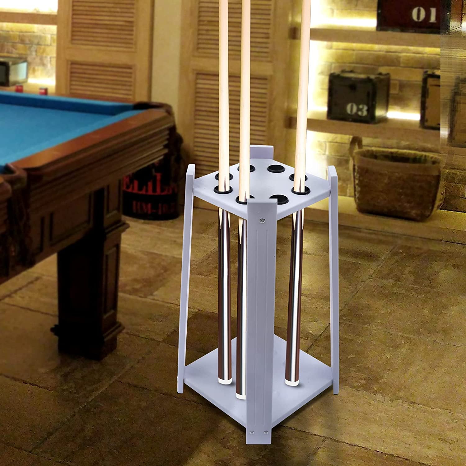 FETCOI 8Hole Billiard Cue Rack Wooden Multifunctional Pool Stick Stand
