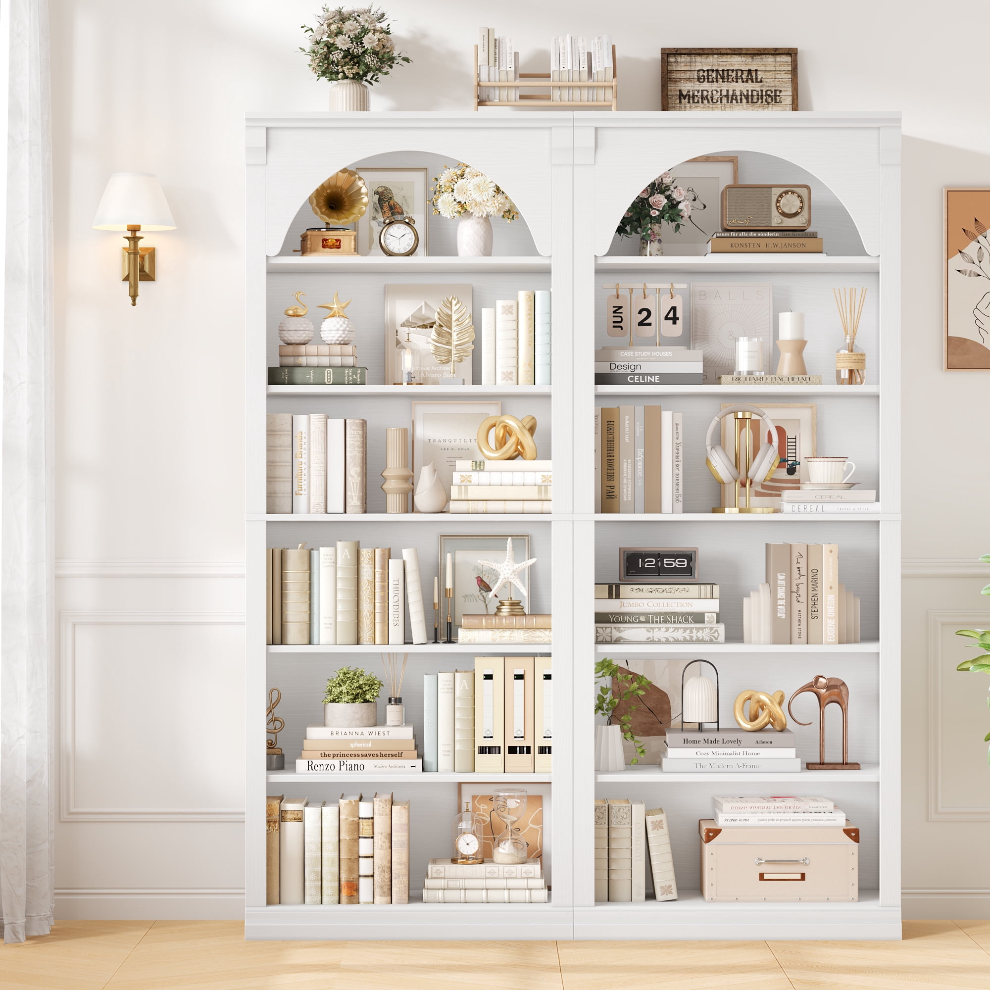 Homfa 6-Tier Bookcase with Arched Top and Pilasters, 72.8" H Accent Bookcase with Bark Grain Texture, White