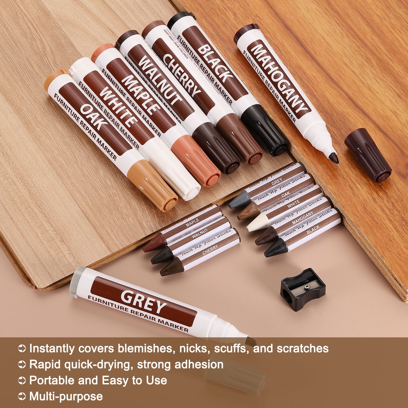 Uxcell Furniture Repair Kit Wood Markers, Set of 17 Oil Based Paint Markers and Wax Sticks with Sharpener Kit for Scratches, Wood Floors
