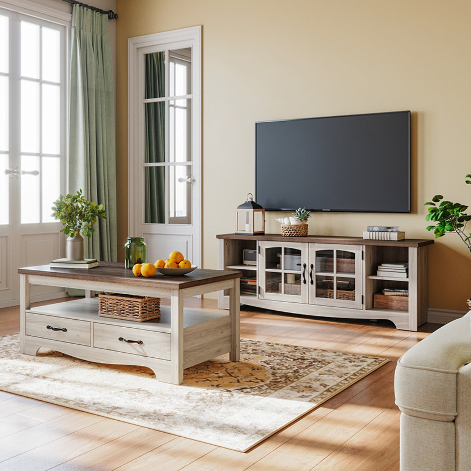 LINSY HOME Modern Farmhouse TV Stand for TVs up to 65",Home Entertainment Center with Storage Cabinet and Adjustable Shelves,Washed Grey & Brown