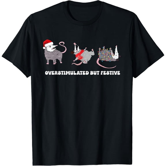 Funny Santa Opossums Overstimulated But Festive Xmas Lights T-Shirt