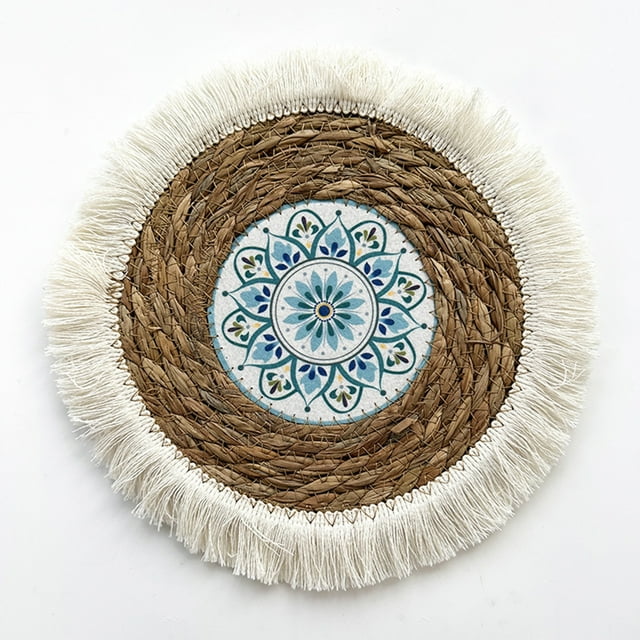 Flmtop 1PC Round Coasters Stain-Proof and Heat-Resistant Coasters Soft Straw Braided Bohemian Mats Dining Coasters Thickened Table Protection Placemats for Restaurants Bars Kitchens