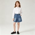 thumbnail image 5 of Girls Embroidered Denim Bermuda Shorts, Kids Elastic Waist Loose Fit Summer Casual Five Pocket Jean Shorts(Blue1,13-14 Years), 5 of 9
