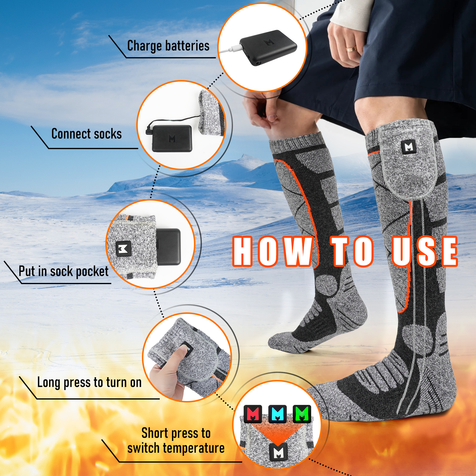 Heated Socks for Men Women, 5V 6000mAh Rechargeable Heated Socks , Electric Socks with 3 Heating Levels for Winter, Skiing, Hunting, Camping, Hiking, Cycling, Outdoor Work