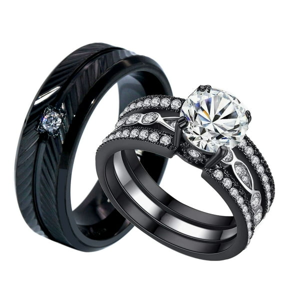 Ringheart Couple Rings Black Matching Rings 1.5CT AAA CZ 2pcs Women Wedding Ring Sets for Him and Her Rings Men Band
