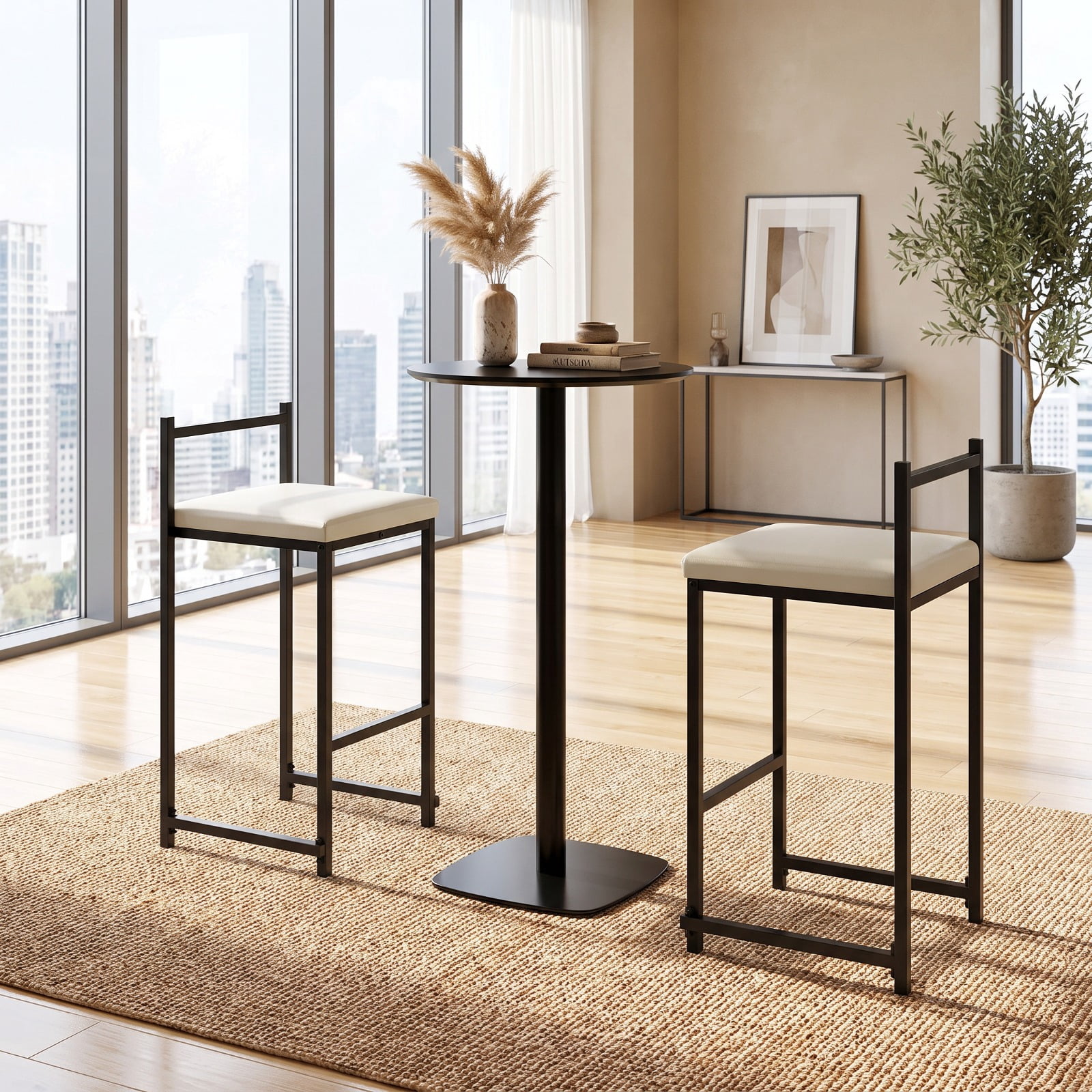 Furnibear Set of 2 Stackable Counter Height Bar Stools PU Leather Upholstered with Footrest for Kitchen Island Counter Bar Pub Dining Home, Black
