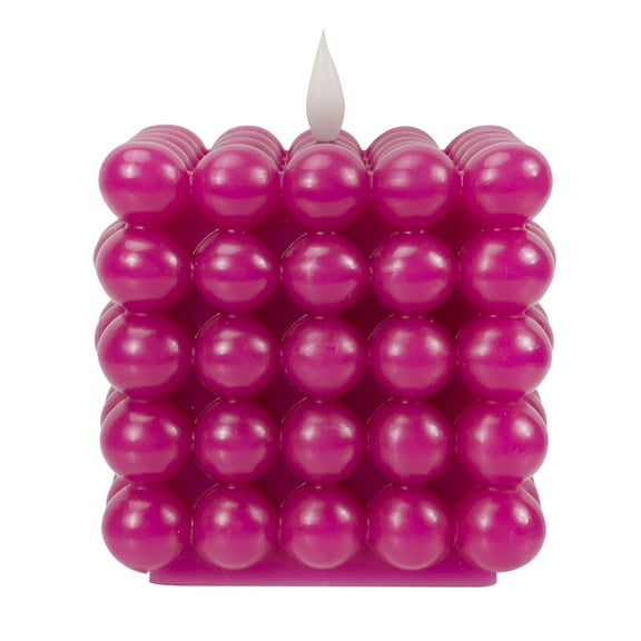 Mainstays Pink Square Wax Tabletop Candle with Faux LED Flame, Bubble Design, 4.92"x4.13"x4.13"