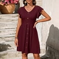 thumbnail image 6 of Fartey Button Decor Summer Dress for Women Ruffle Short Sleeve V Neck Pleated A-line Dress Solid Color Above Knee Length Beach Dress Wine XL, 6 of 9