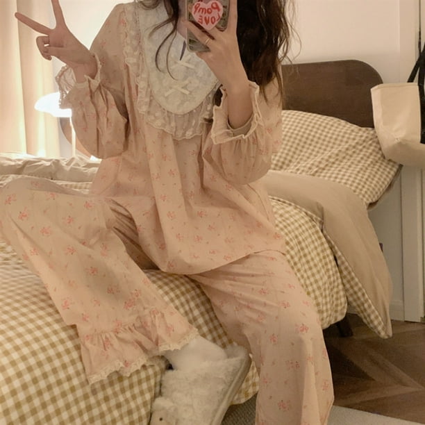 Conjunto de pijama de manga corta con encaje y flores para mujer, estilo retro de palacio de verano a la moda, para el hogar