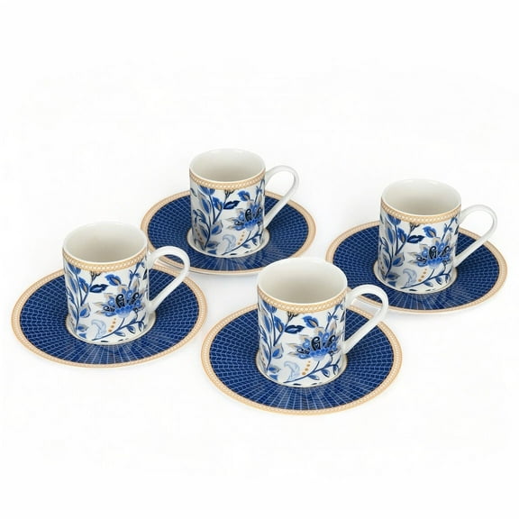 STP GOODS Melodie de Fleurs Porcelain Espresso Cup and Saucer Set of 4 for 4 Porcelain Coffee Cup Set 4 fl oz (120 ml), Service for 4, Blue White Gold