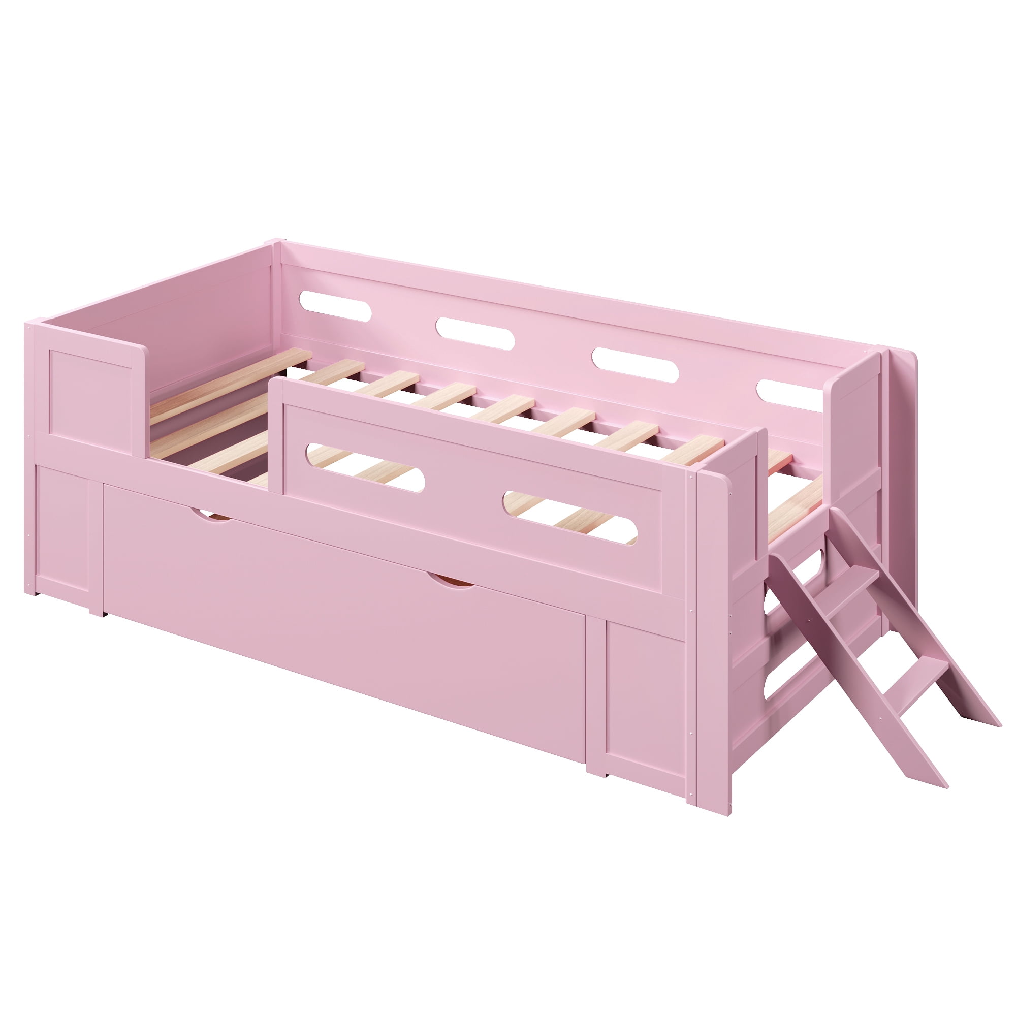 Euroco Wood Twin Size Platform Bed with Guardrails and Drawers, Pink