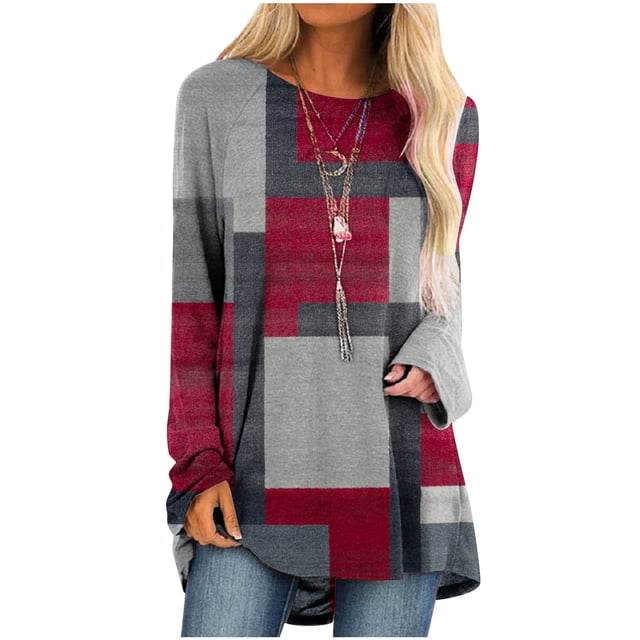IROINID Deals Ladies Long Sleeve T Shirts Lounge Socket Geometry Printed Round-Neck Tops,Red
